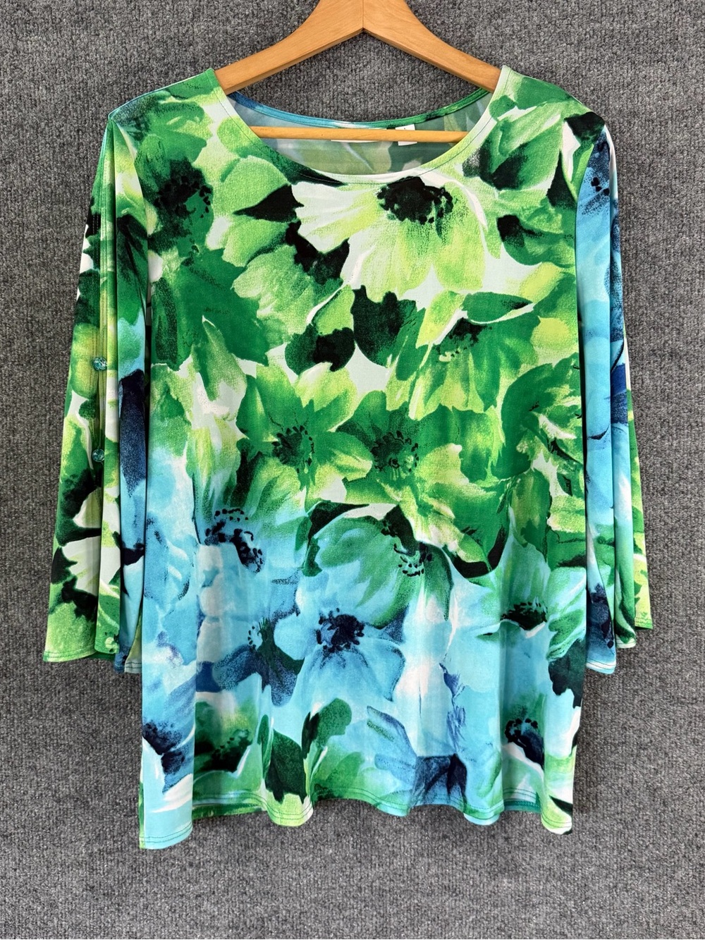 Susan Graver Liquid Knit Top Womens Large Green Blue Floral Button Slit Sleeve